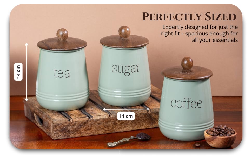 Image of Metallure Home Stylish Airtight Container Set | Sugar Tea Coffee Container Set of 3 | Metal and Wood Lid Canister for Kitchen Storage | Food-Safe Jar Set for Kitchen (Green)