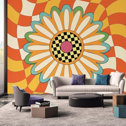 Papier peint intissé fleurs rétro orange chic | Grand décor mural vintage de haute qualité