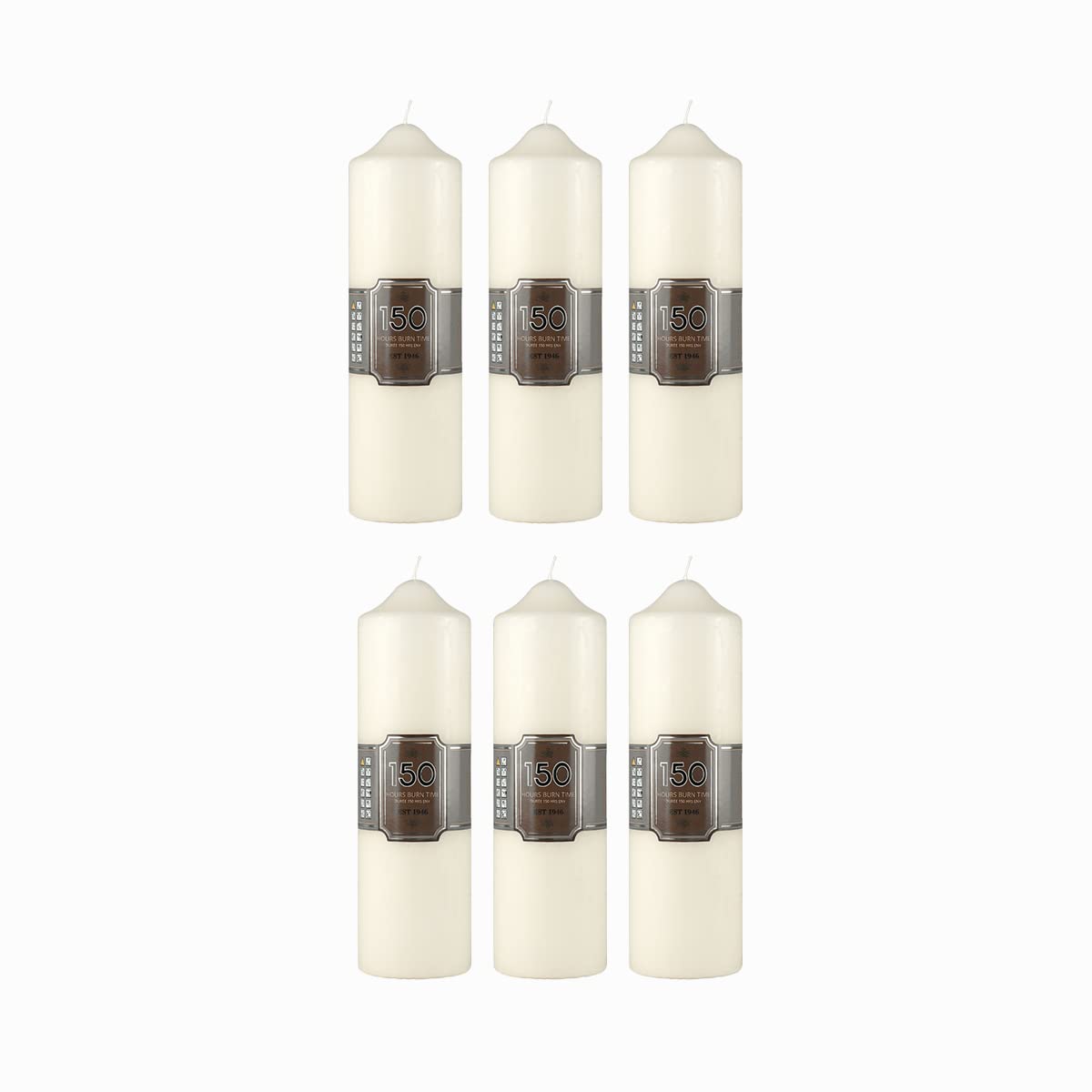 Pillar Candles Pack of 6 Long Burning Large Candle 7cm x 24cm with 150 Hours Burn Time - Dripless, Smokeless, Unscented Church Candles - Ideal for Weddings, Spa and Parties