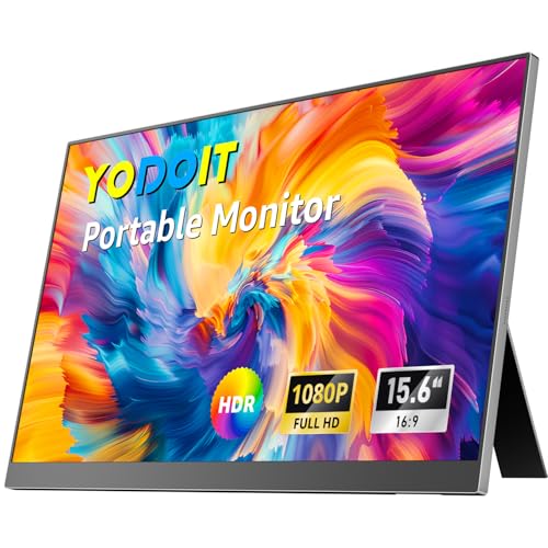 Yodoit Portable Monitor, 15,6 Zoll, 1920 &times; 1080, Tragbarer FHD Bildschirm, IPS Display mit St&auml;nder, USB-Typ-C-Anschluss und integrierten Lautsprechern, kompatibel mit PC, Laptop