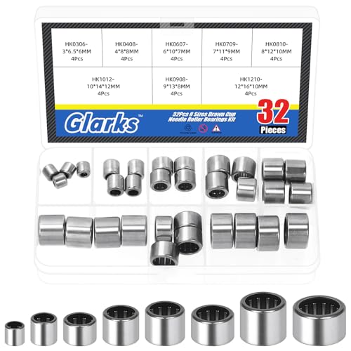 Glarks 32pcs 3/4/6/7/8/9/10/12mm Kit de roulements à rouleaux à aiguille, roulements à rouleaux à piste à extrémité ouverte, roulement à rouleaux à aiguille à coupe dessiné