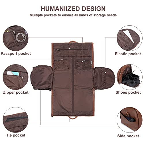Image of Carry On Garment Backpack, Waterproof Mens Garment Bag for Travel Business, Leather Duffel Bag with Shoe Compartment -Brown