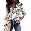 ECOWISH Womens V Neck Leopard Casual Print Tunic Long Sleeve Button Down Shirt Tops 235White M