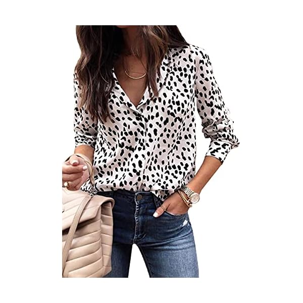 ECOWISH Womens V Neck Leopard Casual Print Tunic Long Sleeve Button Down Shirt Tops 235White M