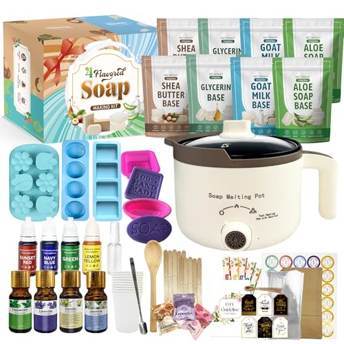 LFISGNN Soap Making Kit with 4 Flavored 4.4 lbs Soap Base DIY Soap Making Supplies Kits for Adults with Soap Melting Pot Soap Base (Shea Butter Glycerin Aloe Goat Milk) and 5 Soap Molds