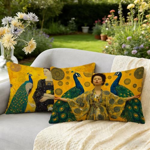 Housse coussin 40x80 lot de 2 imperméable Klimt paon bleu - 5