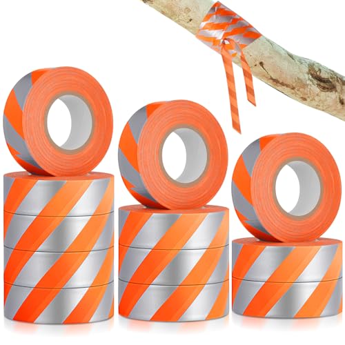 Pushglossy 12 Rolls Orange Flagging Tape with Silver Stripes 1" x 150' Non Adhesive Plastic Ribbon Reflective Trail Marking Tape PVC Caution Strips for Hunting Hiking Boundaries Hazardous Areas