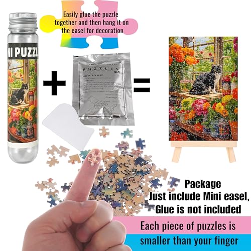 Puzzles pequeños para adultos 150 piezas pintura al óleo vintage gato Mini puzzles desafiantes 6 x 4 pulgadas, 3 piezas, incluído mini caballete miniatura 6