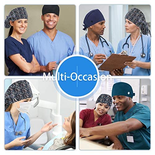 QBA Working Cap with Button Long Hair, Adjustable Working Hat Sweatband Cotton Ponytail Holder, Tie Back Hats for Women & Men, One Size, Floret Navy PT