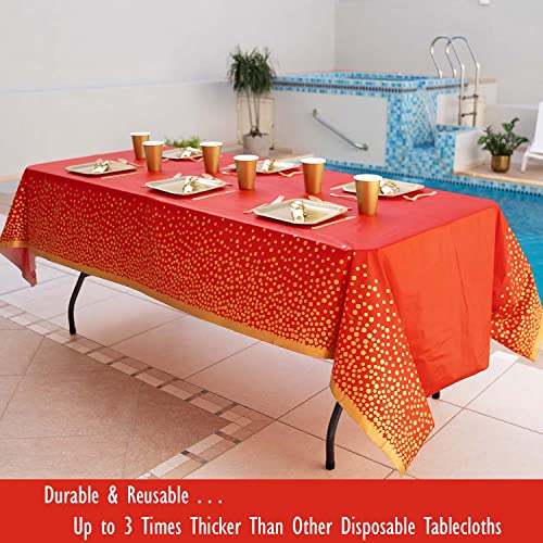 Zuladise 2 Pack Red Table Cloths For Parties Disposable Red Plastic Tablecloth Premium 8Ft Red And Gold Tablecloth For Graduation, Birthday, Christmas Party Table Cover For Rectangle Tables #TOP2