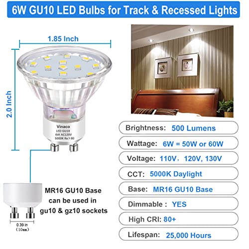 Vinaco Gu10 Led Bulbs Dimmable, 25000Hrs Long Lifespan 50W Equivalent Gu10 Led Bulb 5000K Daylight, 120° Beam Angle Mr16 Gu10 Led Bulb, 6W=50W Gu10 Led Light For Recessed Track Lighting #TOP1