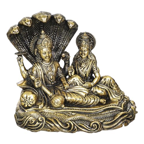 Image of Large Size Brass Lakshmi Vishnu Ji Sitting On Sheshnag Murti 5 inch Maa Laxmi Vishnu Resting On Snake Idol Lakshmi Narayan Statue for Home Office Temple Diwali Puja Gifting