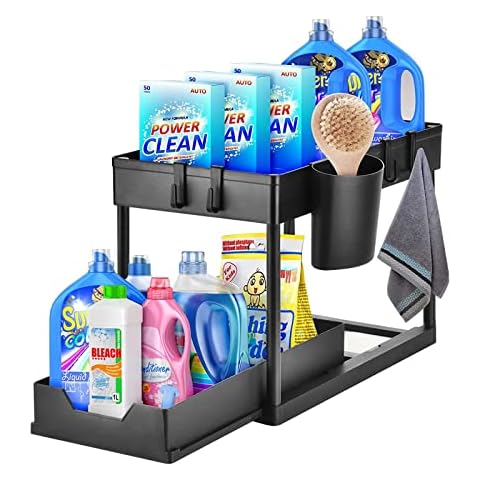 Wodovia 2 Etagen Unter Waschbecken Regal, Spülschrank Organizer mit Schiebeschublade, Aufbewahrung Unter der Spüle mit 4 Haken und 2 Tasse, Mehrzweck Spülschrankregal Cover