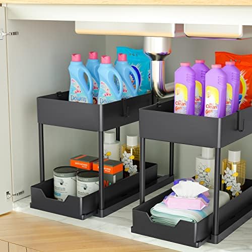 MEAFBIRD 2 Pack Under Sink Organizer, 2 Tier Bathroom Cabinet Organizer with Sliding Basket, Multi-Purpose Under Sink Organizers and Storage for Bathroom Kitchen