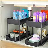 MEAFBIRD 2 Pack Under Sink Organizer, 2 Tier Bathroom Cabinet Organizer with Sliding Basket, Multi-P
