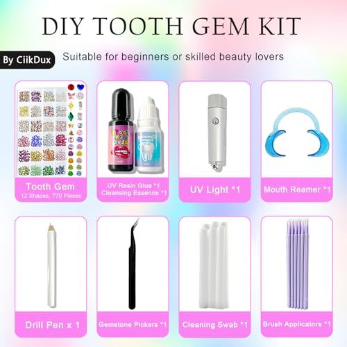 Image of CiikDux DIY Tooth Jewelry Kit - 770 Crystals, 12 Shapes Bedazzle Gems, Teeth Jewelry Starter Set (Pack of 2)