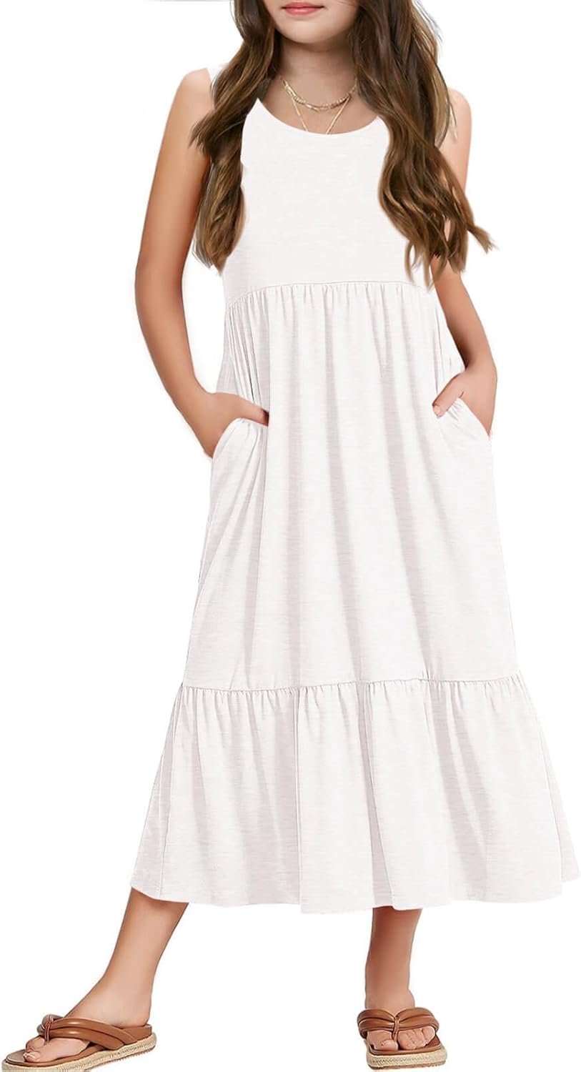 Batermoon Girls Summer Dress Sleeveless Flowy Tiered Casual Long Maxi Dress with Pockets