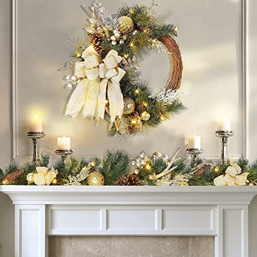 Adeeing 24 Inch Christmas Wreath With Lights, Artificial Xmas Wreath For Front Door With 20 Led Lights And Gilded Ball Ornaments Ribbon Bow For Home Party Indoor Outdoor Decoration #TOP1