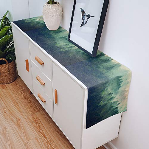 Custom Bed Usa Pine Forest Table Runner For Farmhouse Holiday Parties, Linen Burlap Table Runner Dresser Scarves Dining Table Decor 13X70 Inch, Green Forest And White Fog #TOP4