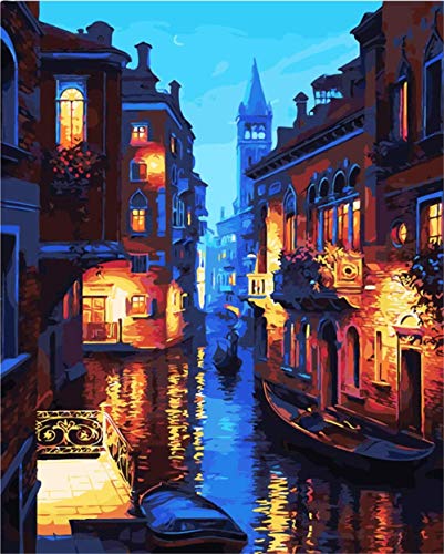 Paint by Numbers for Adults Beginner, DIY Canvas Oil Painting Kit, 16 W x 20 L Drawing Paintwork with Paintbrushes, Acrylic Pigment - Venice Night
