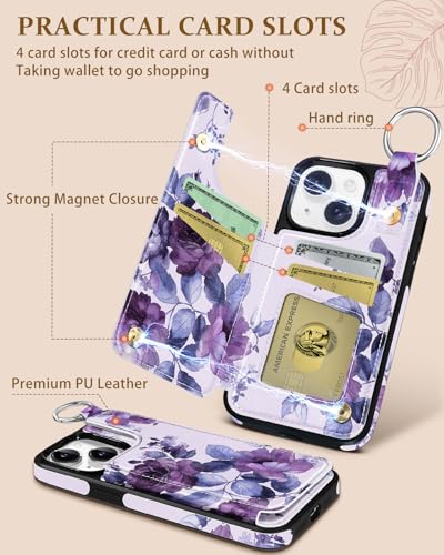 Shorogyt for iPhone 14 Wallet Case, Purple Flower - image 3