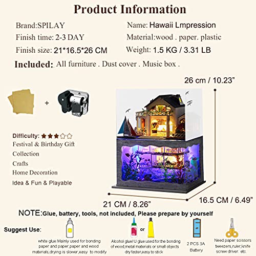 Spilay Miniature Dollhouse Kit With Furniture,Diy Dollhouse Kit Mini Modern Villa Model Plus Dust Cover And Music Box,1:24 Scale Creative Room Idea For Children Birthday Gift(Hawaii Impression) #TOP2