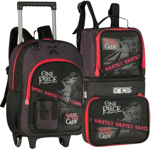 Kit Completo com Mochila Escolar Infantil com Rodinhas, Lancheira Térmica e Estojo Box 36 Canetas, Tema One Piece Straw Hat Crew, 3 Bolsos, Alças Reforçadas, Material Resistente (Vermelho)