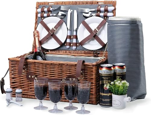 Picnic Basket for 4 - Wicker Picnic Set with Large Insulated Cooler Compartment Waterproof Blanket and Cutlery Service Kit for Camping and Outdoor Parties