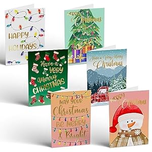 Better Office Products 50 Pack Christmas Cards Set with Gold Foil Accents, 4″ x 6″, Fun & Festive Designs, Blank Inside, Boxed Set