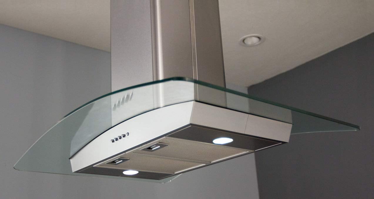 Miseno MH00436G 240-600 CFM 36 Inch Stainless Steel Island Range Hood with Dual Halogen Lighting System and Glass Accent - Stainless Steel/Glass