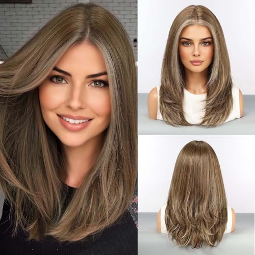 HAIRCUBE Human Hair Wig Lace Front Wig Glueless Wigs Layered Shoulder-Length HairWigs for Women, Ash Brown with White Bangs, Human Hair Blend, 13"×5"×1" HD Lace, 18 Inch Daily Use