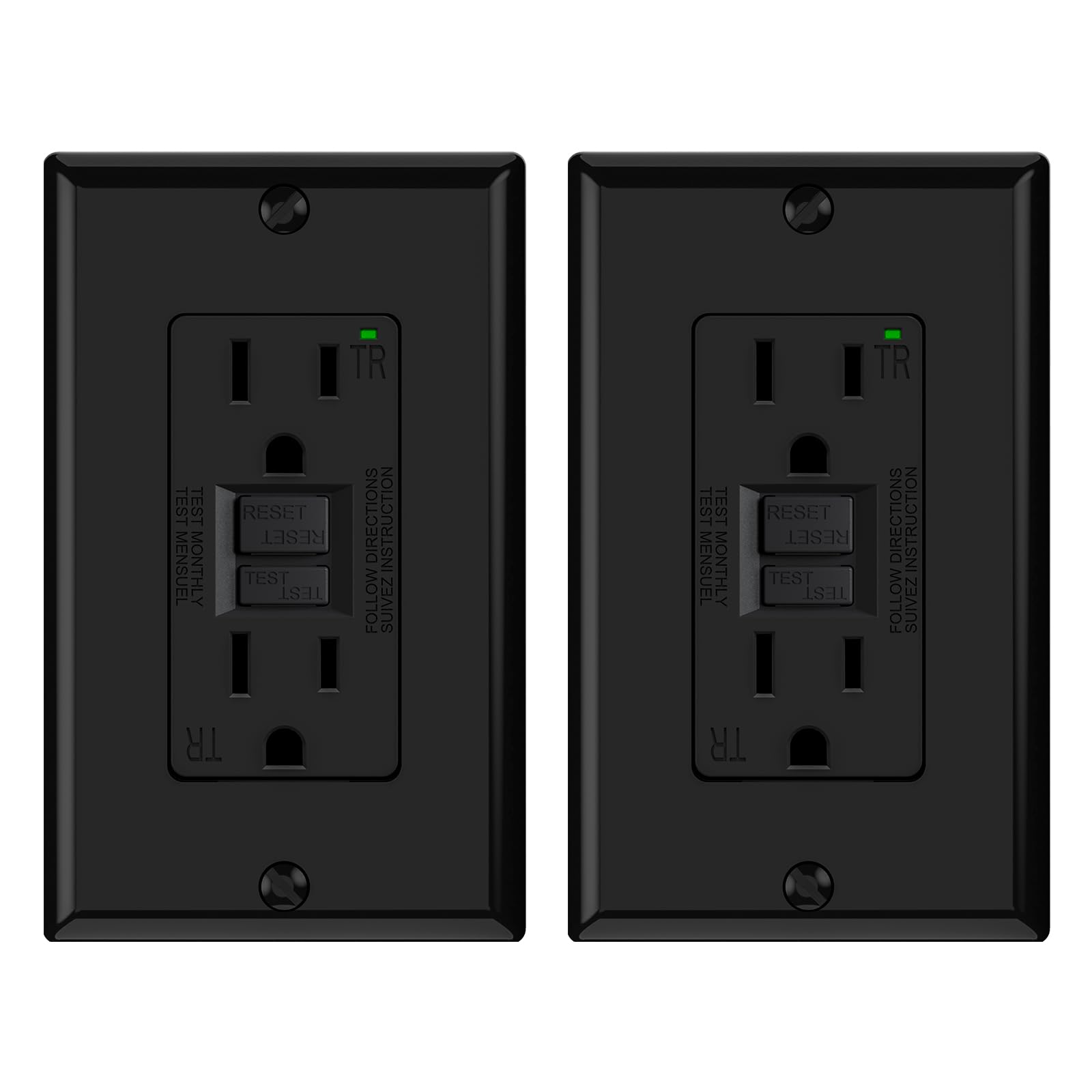 ELEGRP GFCI Outlet 15 Amp, Self-Test GFI Electrical Outlet with Narrow Design, GFCI Receptacle with LED Indicator, UL Listed, Matte Black, Wall Plate Included, 2 Pack
