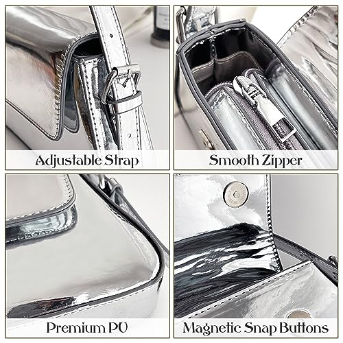 Damen Silber Geldbörse Abendtasche Y2k Metallic Silber Geldbörse Hobo Tasche Leder Tote Handtasche Satchel Bag Cute Party Bag Clutch Taschen – Bild 3