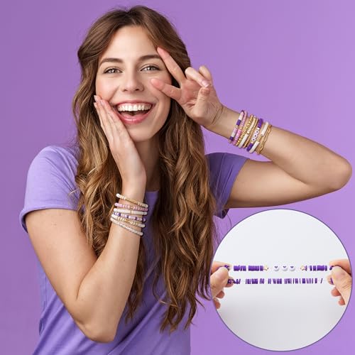 Y1tvei Purple White Bead Bracelets - 14Pcs Purple White Clay Bead Surfer Bracelet Set Stackable Gold Plated Bead Stretch Bracelet Layering Summer Beach Jewelry Friendship Bracelet Gift for Women Girls3