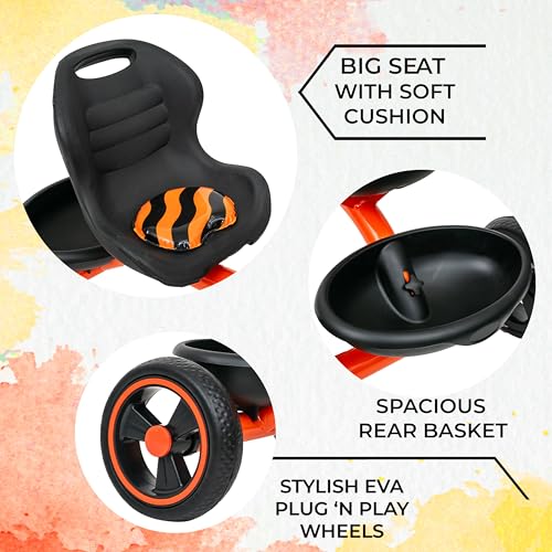 Image of Amazon Brand - Symactive Tricycle for Kids | Plug N Play | Baby Cycle with Grip Handle, Eva Wheels, Seat & Basket | Kids Tricycle /Cycle | 2+ Years Unisex | Weight Limit Upto 25 Kgs (Orange)