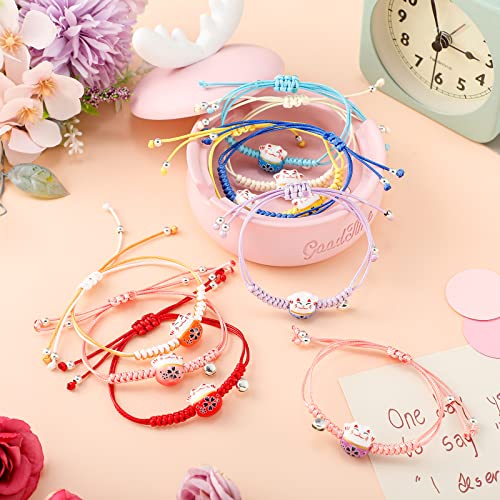 Kigeli 12 Pcs Lucky Cat Bracelets Cute Maneki Neko Bracelet Adjustable Fortune String Feng Shui Bracelet Lucky Cat Ceramic Beads Bracelets with Bell for Women3