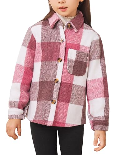 Girls Flannel Shirts Fall Jacket Cute Button Down Plaid Shirt Long Sleeve Fleece Shacket with Pocket 4-12 Years