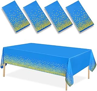 QonLou 4 Packs Plastic Tablecloths Party Table Cloth Blue and Gold Dots Confetti Rectangular Table Cover for Weddings Birthday Halloween Christmas, 107.87in*53.94in