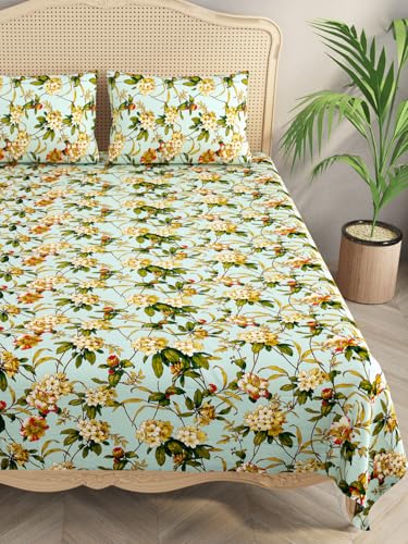 Image of Cotton Bedsheet, Printed Bedsheet for Double Bed with 2 Pillow Covers, Eco-Friendly Bedsheet for Bedroom, Guestroom & Living Room, Size - 108 * 108 (Green & Cream)