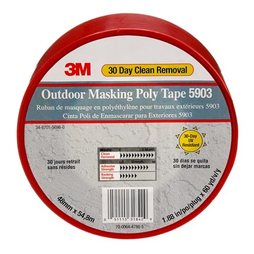 3M 5903 Outdoor Construction Masking Poly Tape, Red, 1.88 in x 60 yd x 7.5 mil, Exterior Water Resistant Tape, Pack of 1