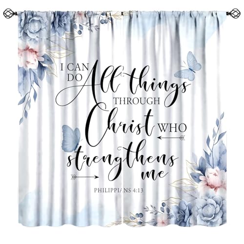 Nsbul Christian Inspirational Curtains, Blue Floral Butterfly Positive Quote Bible Verse Pattern Window Drapes for Bedroom Living Room Kitchen Bathroom Decoration, 42" W X 45" L(No Blackout)