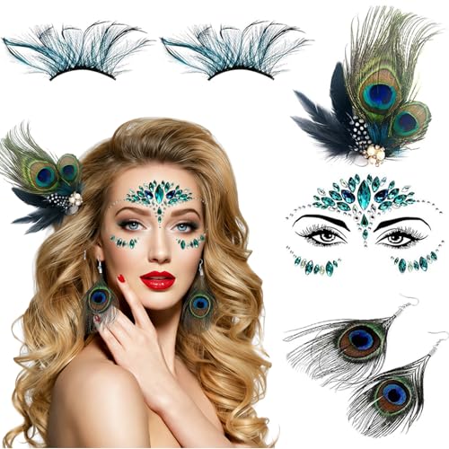 #VerdientProvisionen<br>Pfau Kostüm Damen 6 Stück Pfau Karneval Accessoire Pfauenfedern Haarschmuck Ohrringen bunten Wimpern Glitzersteine für Gesicht für Karneval Halloween Mottoparty und Cosplay