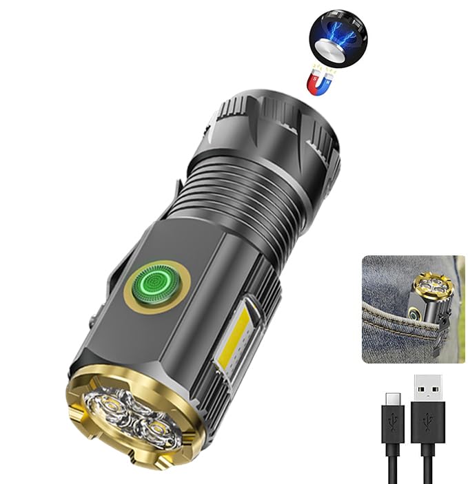 AIERSEN Mini LED 3-eye flashlight, high brightness small flashlight, rechargeable, 6 modes, IPX6 waterproof, with strong magnetic tail and side metal clip, suitable for camping and outdoor activities.