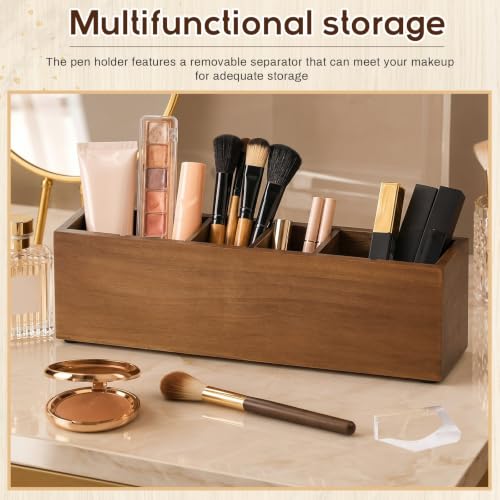 Image of Jetec Wooden Pencil Pen Holder for Desk 6 Compartments Cosmetic Makeup Brush Stationery Office Desktop Organizers for Countertop Adjustable Silverware Caddy for Party, Home, Art Supplies(Walnut)