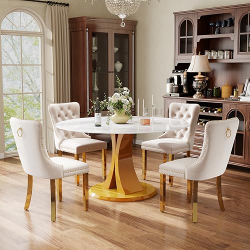 Image of 5-Piece Dining Table Set with 47In Faux Marble Table and 4 Velvet Upholstered Chairs, Modern Scandinavian Furniture for Dining Room Kitchen(Beige&Gold)
