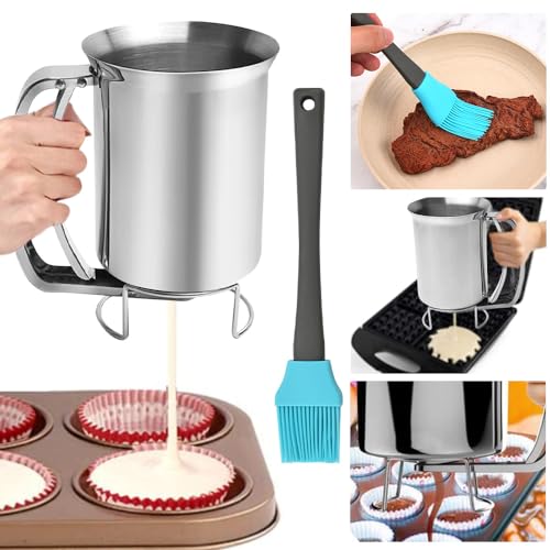 ADERTOS Teigspender Teigportionierer 800ml Pfannkuchenteigspender Edelstahl Portionierer Teig Kuchen Teigspender Pfannkuchen Manuell Teigdosierer Teig Spender für Muffins Cupcakes Zuhause
