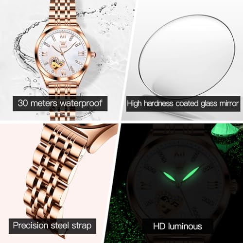 Image of OLEVS Watches for Women Automatic Ladies Watch Mechanical Leather Strap Self-Winding Diamond dial Waterproof