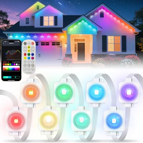 Super RGB Permanent Outdoor Lights 50FT, Smart RGB+IC Eave Lights with Remote APP Control, DIY LED Color Individual, White & Colorful Christmas String Light, IP67 Waterproof for House Outside Decor