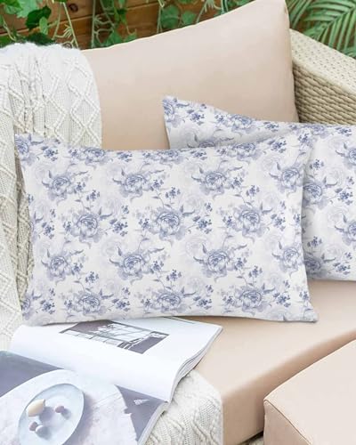 Boanket Lumbar Pillow Covers 12 x 20 in, Blue Spring Floral Waterproof Throw Pillow Cover Set of 2, Summer Botanical Elegant Flowers Home Decorative Rectangle Cushion Covers for Patio/Couch/Garden