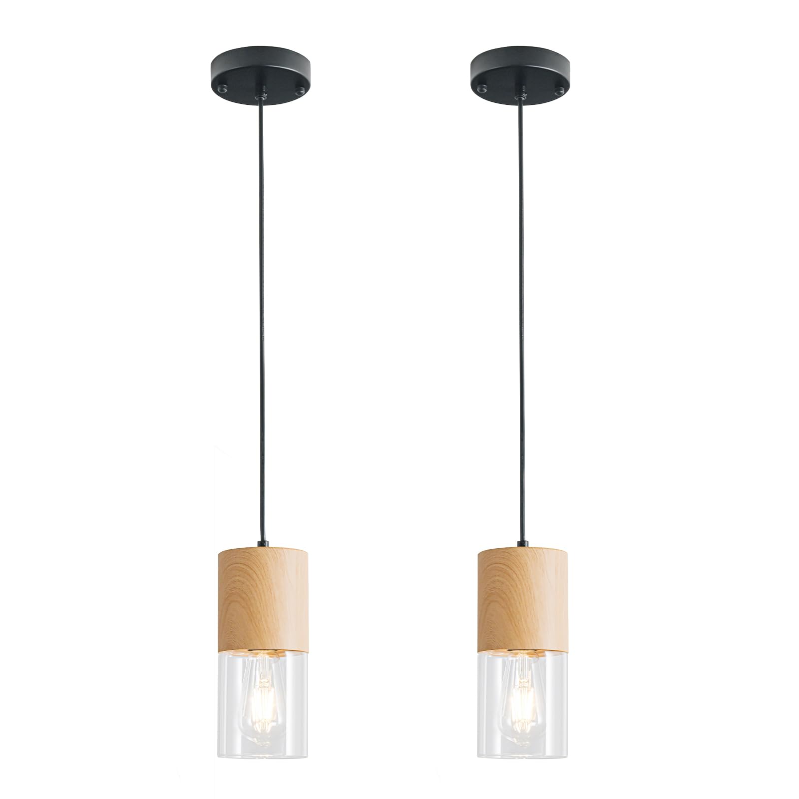 2-Pack Modern Pendant Lights for Kitchen Island, Adjustable Pendant Light Fixtures with Raw Wood Grain, Industrial Clear Glass Pendant Lights for Dining Table Hallway Bedroom Living Room